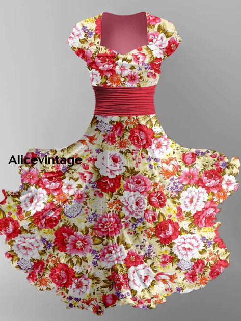 Floral Art Print V-Neck Vintage Elegant Chic Flowy Midi Dress main image 0