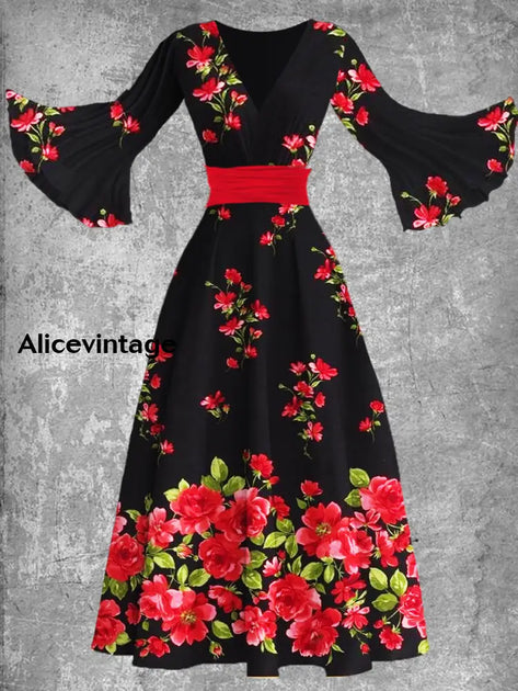 Mexican Fiesta Floral Art Printed V-Neck Vintage Chic Pleated Waist Flare Sleeve Midi Dress main image 1