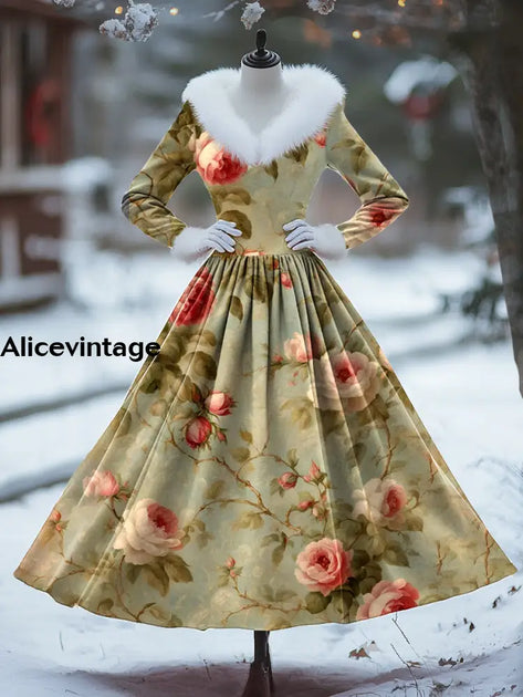 Women's Digital Printed Fur Collar Flannel Long Dresses main image 0
