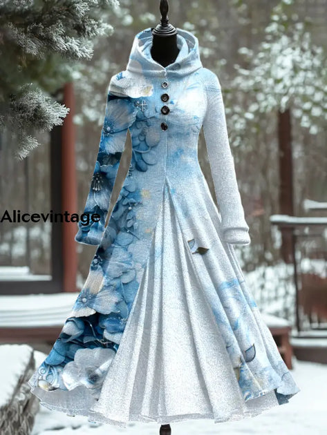 Floral Art Print Vintage Elegant Long Sleeve Maxi Dress
