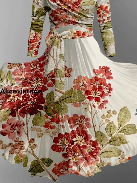 Floral Print Vintage V-Neck Long Sleeve Two Piece Midi Dress main image 0