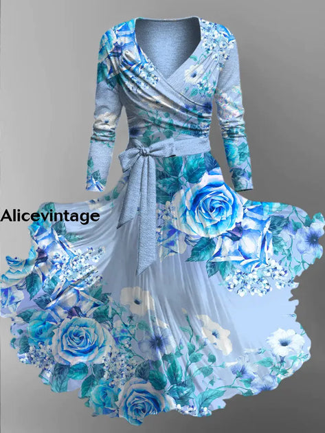 Floral Print Vintage V-Neck Long Sleeve Two-Piece Midi Dress main image 1