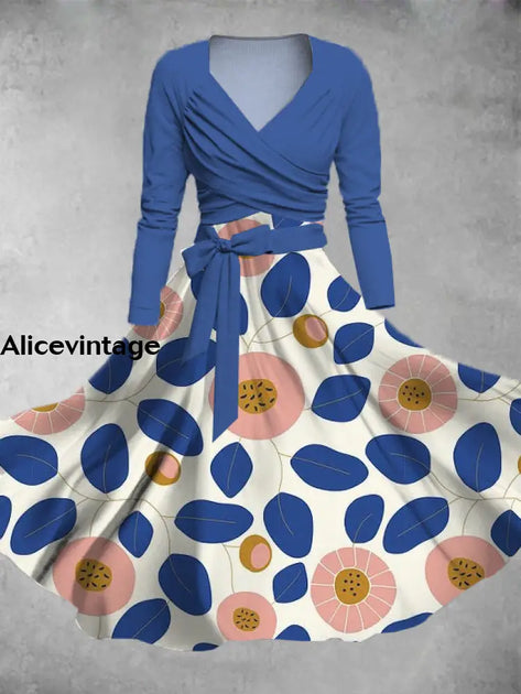 Leaf Print Vintage V-Neck Long Sleeve Two Piece Midi Dress main image 0