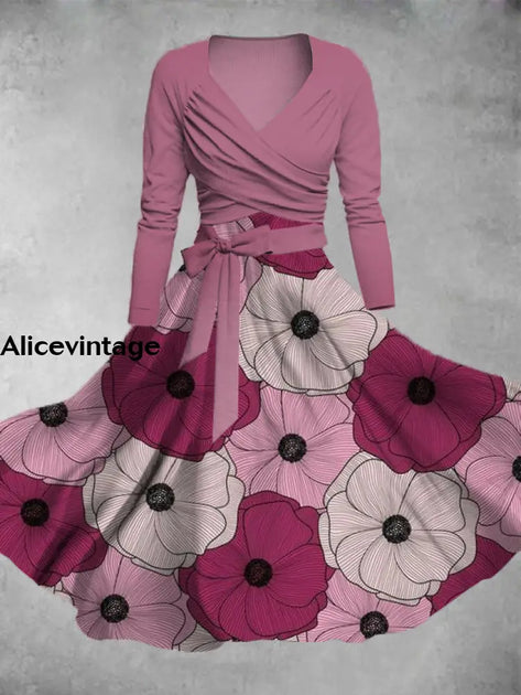Floral Print Vintage V-Neck Long Sleeve Two Piece Midi Dress main image 0