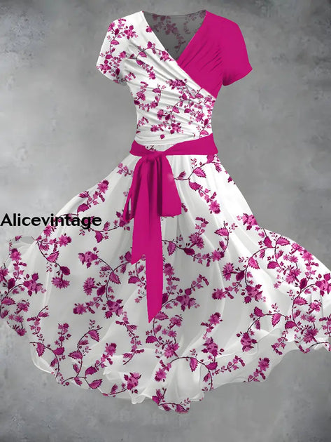 Floral Print Vintage V-Neck Short Sleeve Two-Piece Midi Dress main image 0