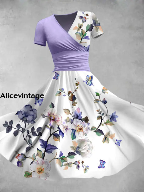 Floral Art Print V-Neck Vintage Chic Short Sleeve Midi Dress