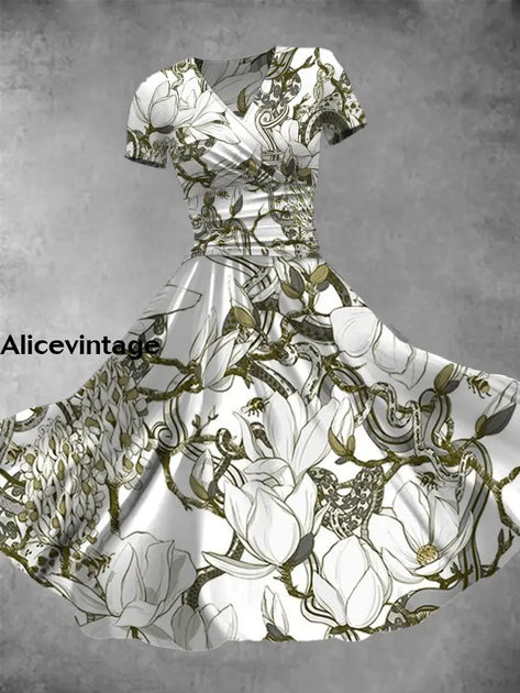 Elegant Baroque Flowers Print V-Neck Short Sleeve Retro Midi Dress main image 1