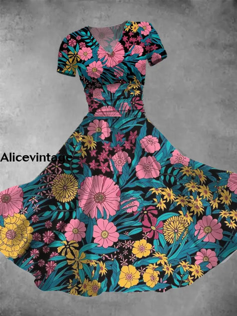 Leaf Print V-Neck Short Sleeve Retro Midi Dress