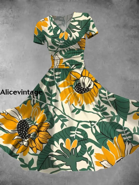 Floral Art Print V-Neck Short Sleeve Vintage Midi Dress