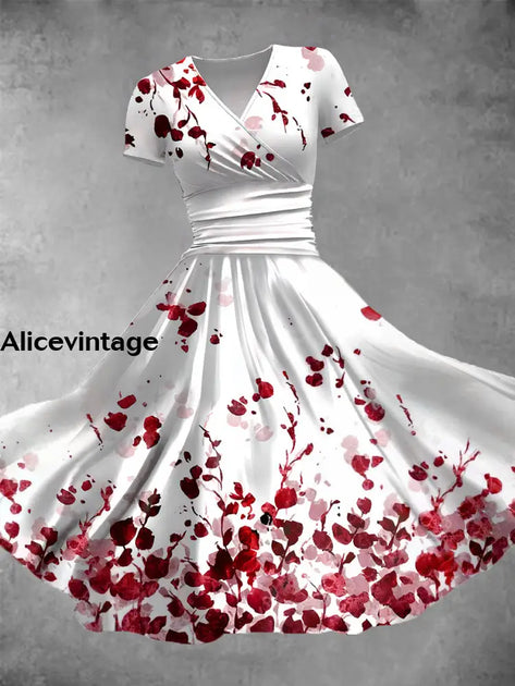 Floral Print V-Neck Short Sleeve Vintage Midi Dress  alicevintage
