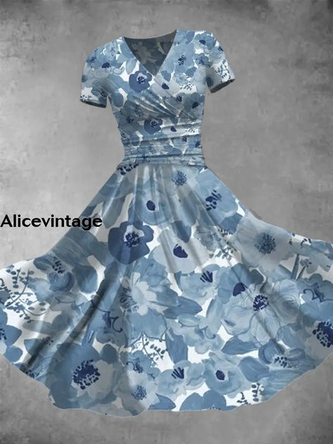 Floral Print V-Neck Short Sleeve Vintage Midi Dress