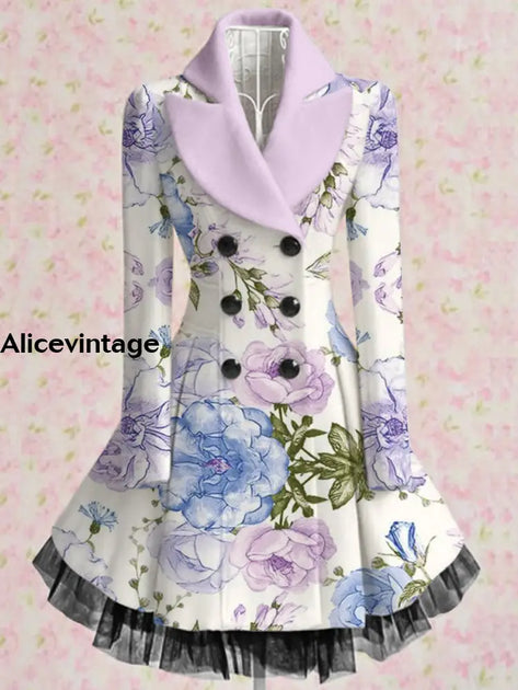Floral Print Vintage Elegant Lapel V-Neck Button Up Long Sleeve Midi D ...