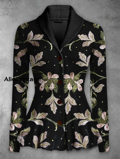 Retro Floral Art Print Vintage Chic V-Neck Button Up Long Sleeve Midi Dress main image 1
