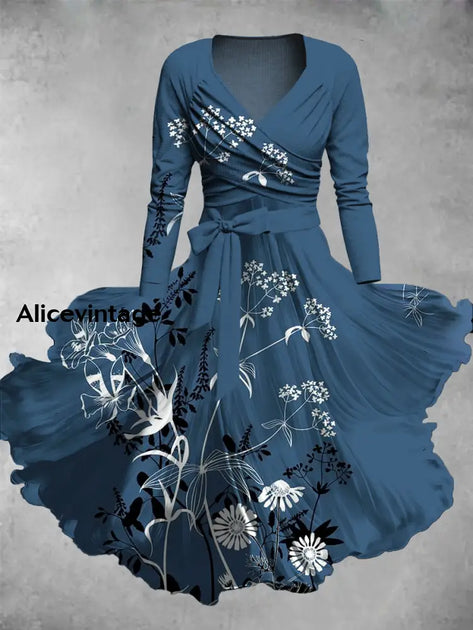 Floral Print Vintage Elegant V-Neck Long Sleeve Two-Piece Midi Dress ...