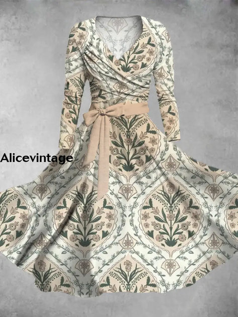Floral Art Print Vintage V-Neck Long Sleeve Two-piece Midi Dress main image 1