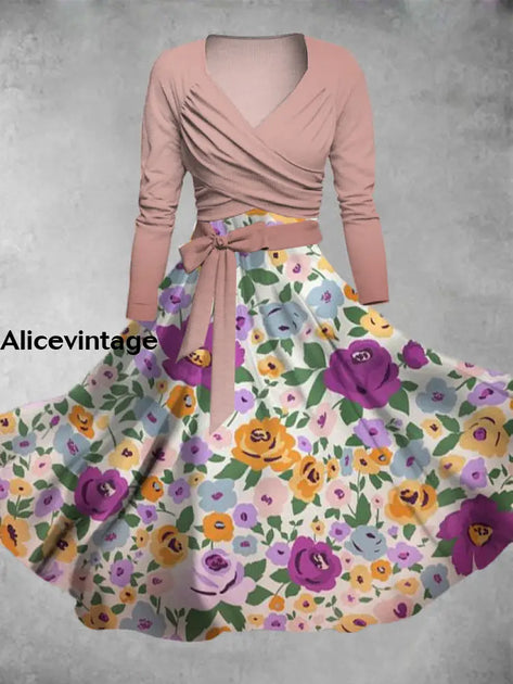 Floral Art Print Vintage V-Neck Long Sleeve Two-piece Midi Dress
