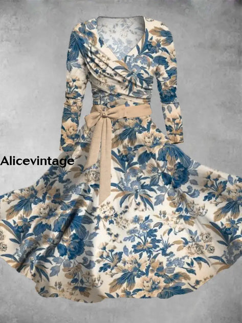 Christmas Art Print Vintage V-Neck Long Sleeve Two-Piece Midi Dress