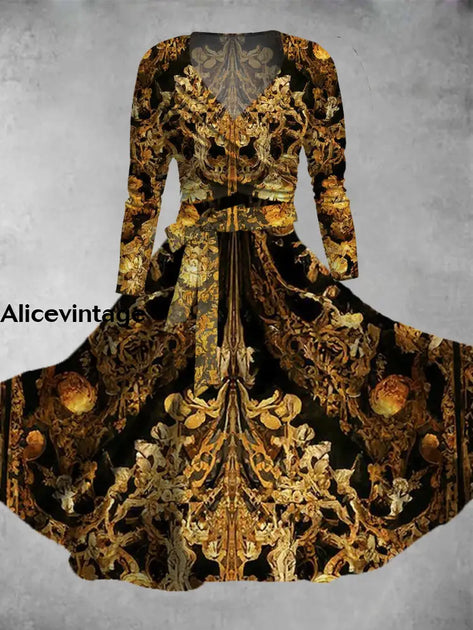 Retro Floral Print Vintage Elegant V-Neck Long Sleeve Two-Piece Midi Dress