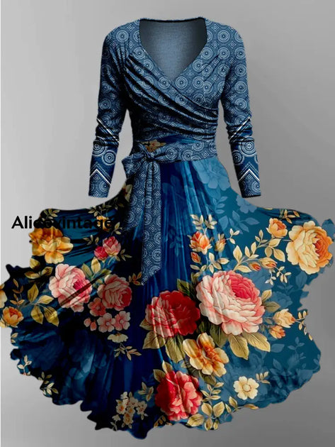 Floral Art Print Vintage V-Neck Long Sleeve Two-piece Midi Dress main image 0