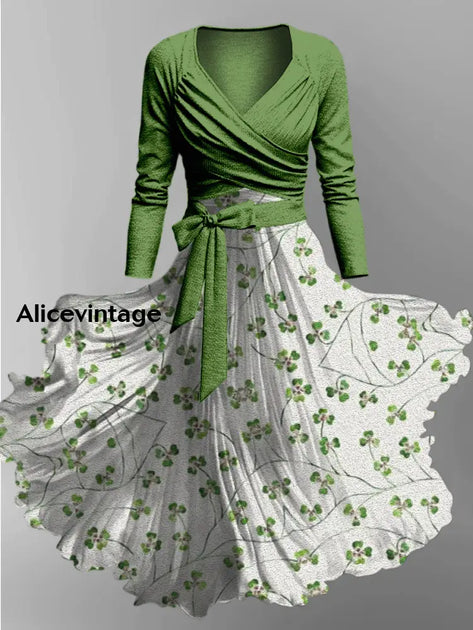 Feather Art Print Vintage V-Neck Long Sleeve Two-Piece Midi Dress