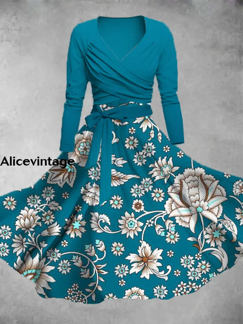Retro Floral Print Short Sleeve V Neck Midi Dress