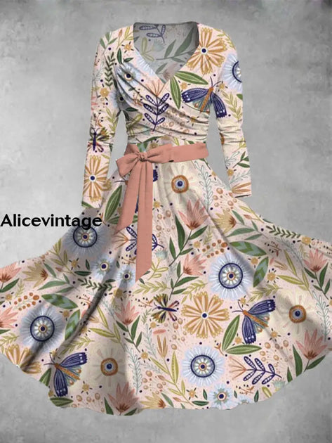 Derby Rose Art Print Vintage V-neck Long Sleeve Two-Piece Midi Dress Derby Dress main image 1