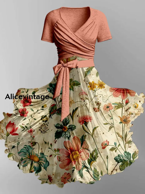 Floral Print Vintage V-Neck Short Sleeve Two-Piece Midi Dress ...