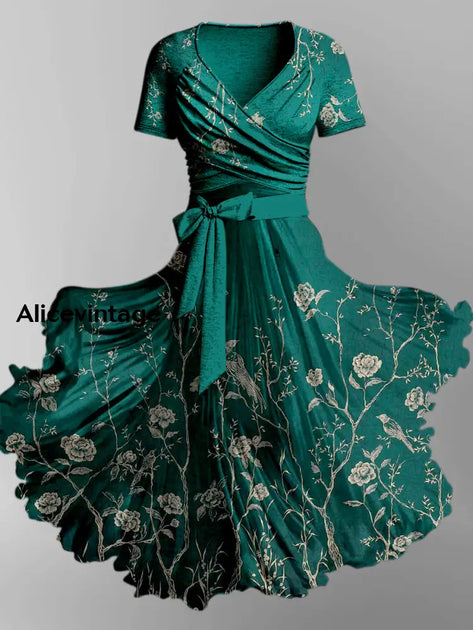 Floral Print Vintage V-Neck Long Sleeve Two-Piece Midi Dress