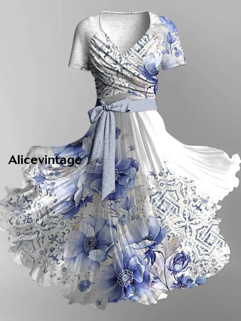 Floral Print Retro V-Neck Short Sleeve Two-Piece Midi Dress main image 1