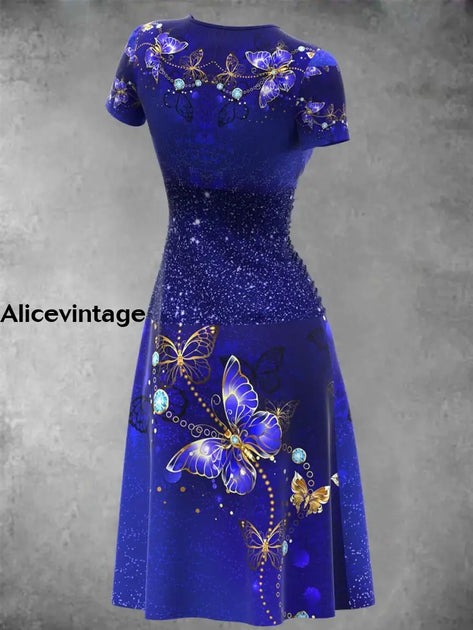 Vintage Bandhnu Blue Butterfly Print V-Neck Sleeveless Midi Dress main image 1