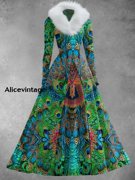 Abstract Color Print Vintage Elegant Fur Collar Long Sleeve Midi Dress main image 1