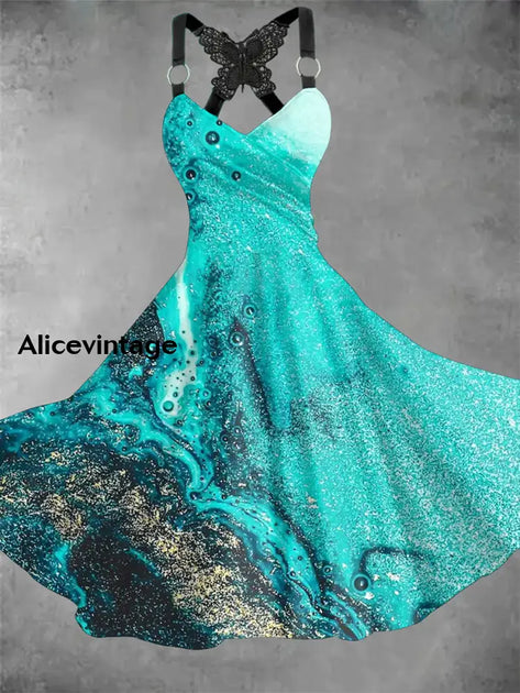 Image showcasing Gradient Marble Art Print Vintage Suspender Dress – alicevintage