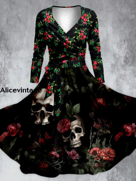 Skull Floral Art Print V-Neck Flare Sleeve Vintage Elegant Dress main image 0