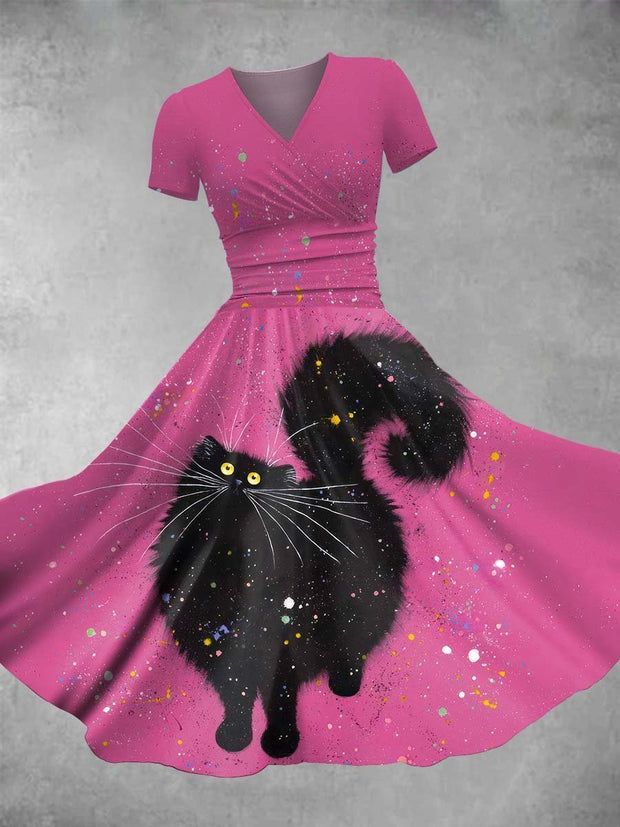 Cute Black Cat Art Print Short Sleeve V Neck Maxi Dress