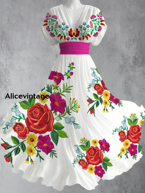 Cinco de Mayo Mexican Fiesta Floral Art Print Short Sleeve Vintage Dress main image 1