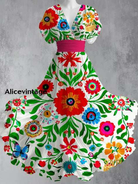 Mexican Floral Print V-Neck Short Sleeve Vintage Midi Dress