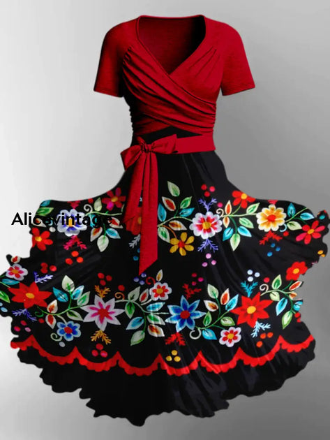 Mexican Floral Art Print V-Neck Flare Sleeve Vintage Dress