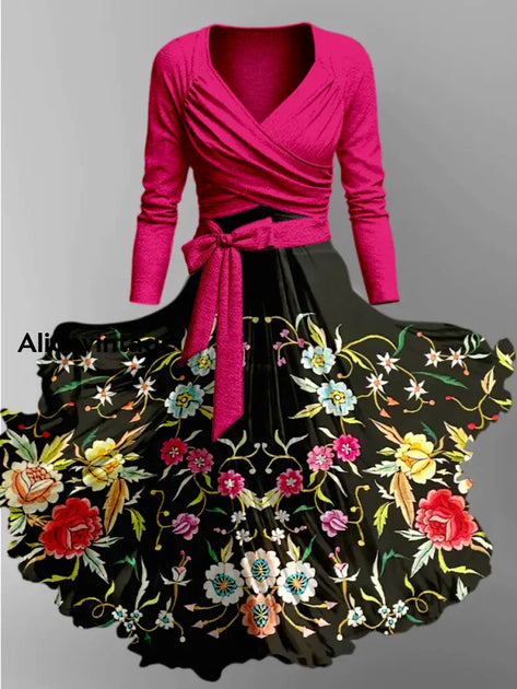 Retro Landscape Art Printed Retro Cross Fold Short Sleeve Two Piece Midi Dress main image 0