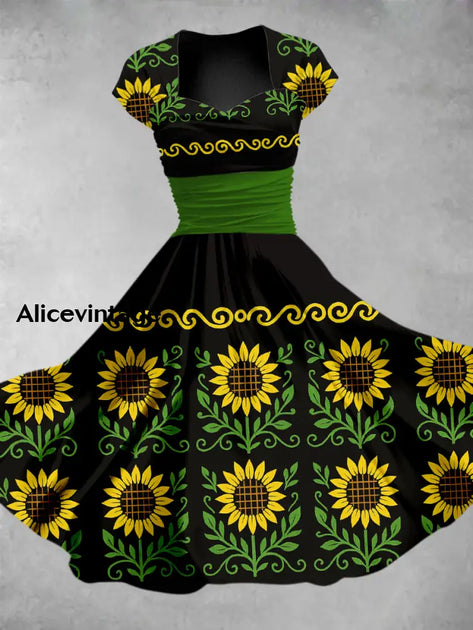 Mexican Floral Art Print Short Sleeve Vintage Two-Piece Midi Dress main image 1