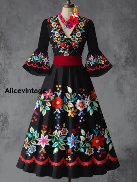 Mexican Floral Art Print Vintage Suspender Dress main image 0