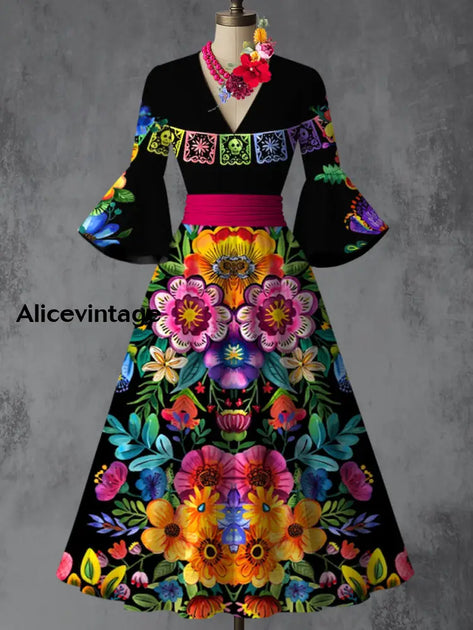 Mexican Floral Art Print Vintage Suspender Dress