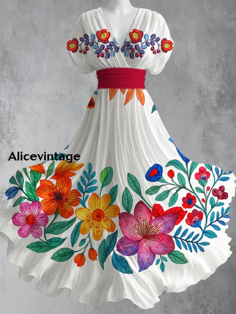 Mexican Floral Art Print V-Neck Bell Sleeve Vintage Elegant Dress main image 0