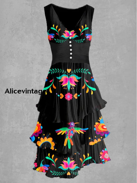 Mexican Floral Print Sleeveless V-Neck Button Up Retro Dress  alicevintage