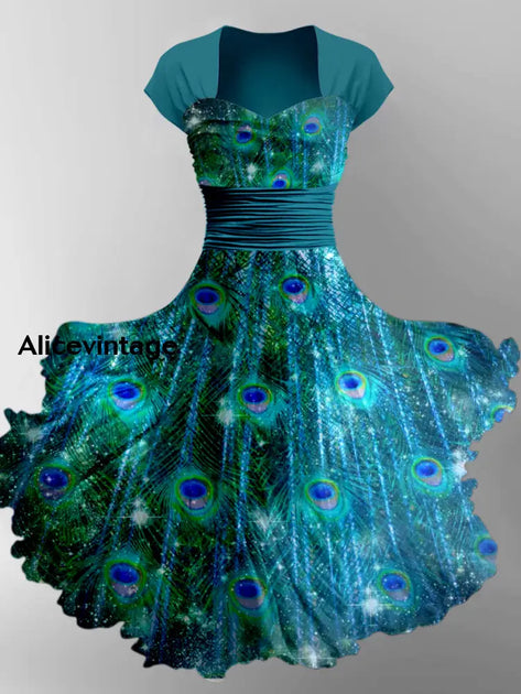 Peacock Feather Art Print Vintage Elegant Suspender Dress Two Piece Sets main image 0