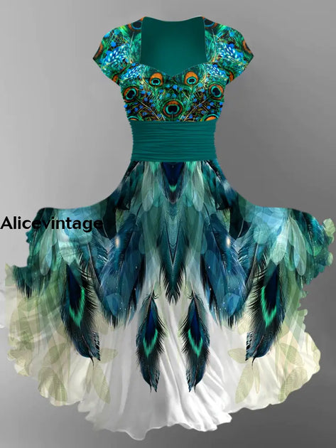 Retro Colorful Feathers Art Printed Vintage Cross Fold Short Sleeve Two-Piece Midi Dress
