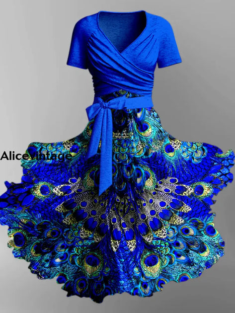 Peacock Feather Art Print Vintage Elegant Suspender Dress Two Piece Sets main image 1