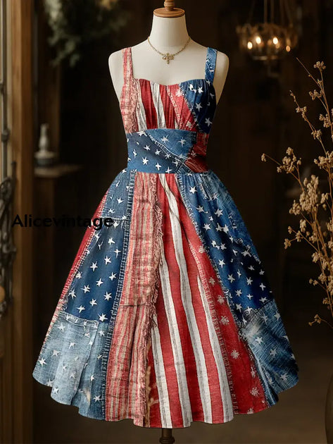 View of Retro American Flag Art Print Vintage Chic Suspender Dress – alicevintage