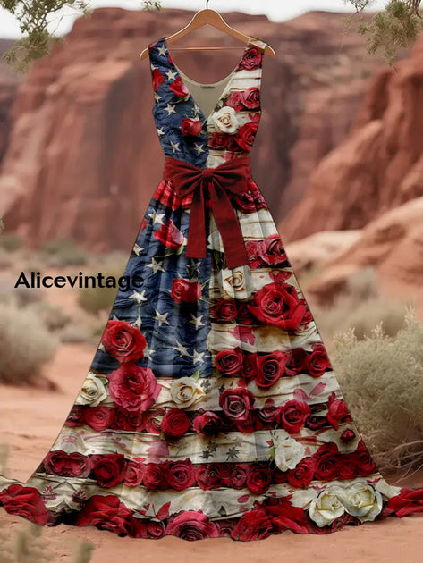Black Cap Sleeves American Flag Printed Vintage Dress main image 0