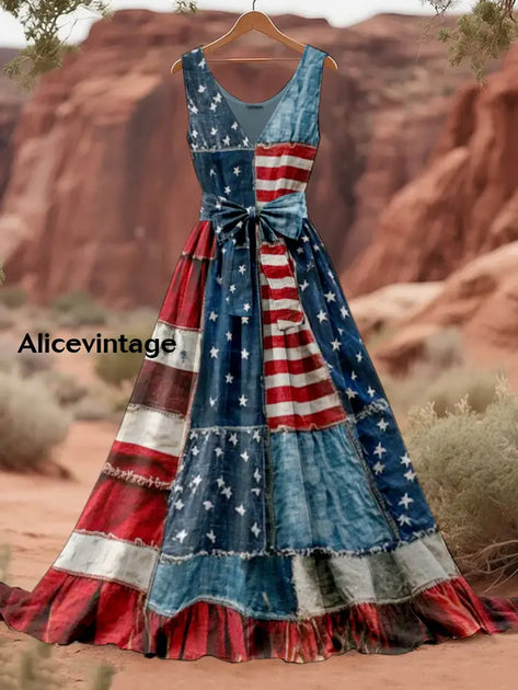 Retro American Flag Boho Floral Art Print V-Neck Sleeveless Maxi Dress