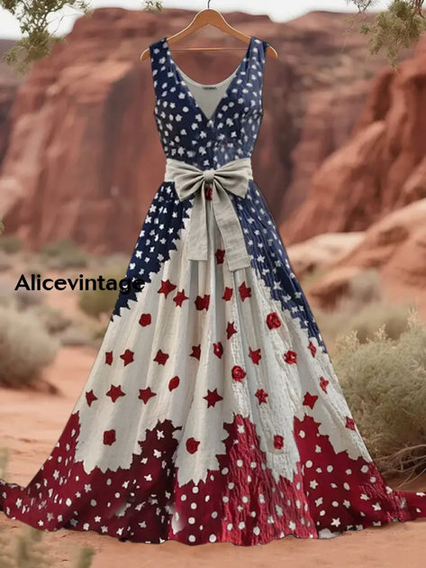 Retro All Hallows' Day American Flag Floral Art Print V-Neck Sleeveless Cotton Maxi Dress main image 1